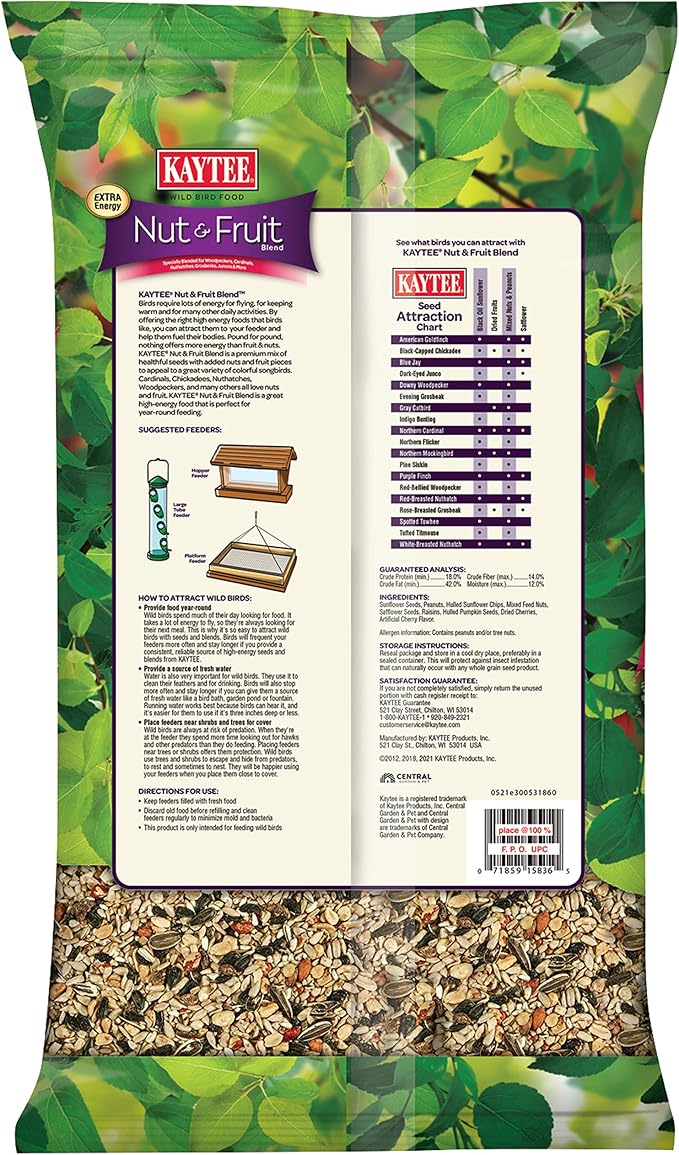 Kaytee Wild Bird Food Nut & Fruit Seed Blend For Cardinals, Chickadees, Nuthatches, Woodpeckers and Other Colorful Songbirds, 10 Pound