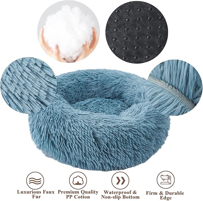 Aurako Cat Bed Dog Bed Round Cushion Pet Bed Mat Ultra Soft Plush Donut Sofa Comfortable Pillow Machine Washable Pet Cuddle Beds for kitten Small Medium Large Dogs Cats 23" Cyan