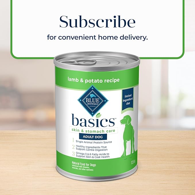 Blue Buffalo Basics Grain-Free Adult Wet Dog Food, Skin & Stomach Care, Limited Ingredient Diet, Lamb Recipe, 12.5-oz. Can, 12 Count