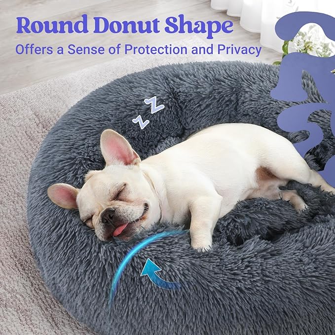 rabbitgoo Calming Dog Bed for Small Dog, 27 inches Pet Bed Washable, Fluffy Round Bed, Non-Slip Plush Large Cat Bed, Soft Cushion for Puppy, Dark Grey