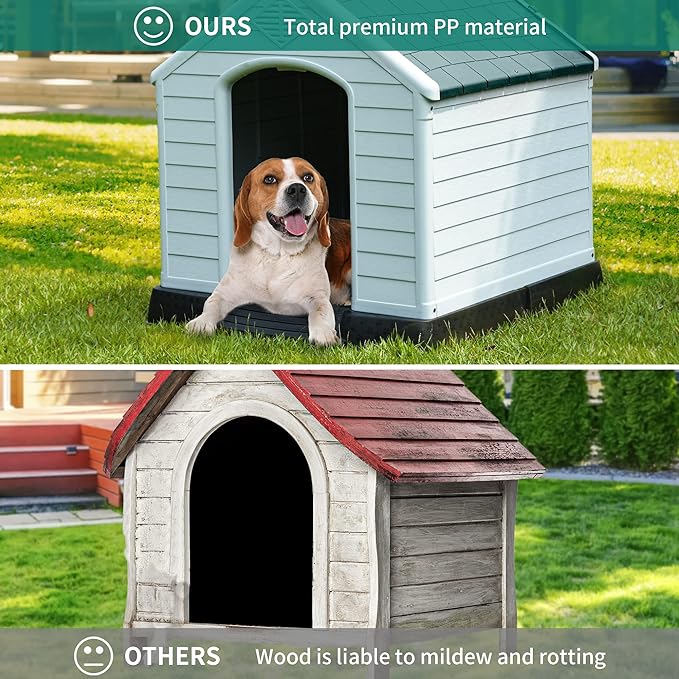 YITAHOME 34.5'' Large Plastic Dog House Outdoor Indoor Doghouse Puppy Shelter Water Resistant Easy Assembly Sturdy Dog Kennel with Air Vents and Elevated Floor (34.5''L*31''W*32''H, Gray)