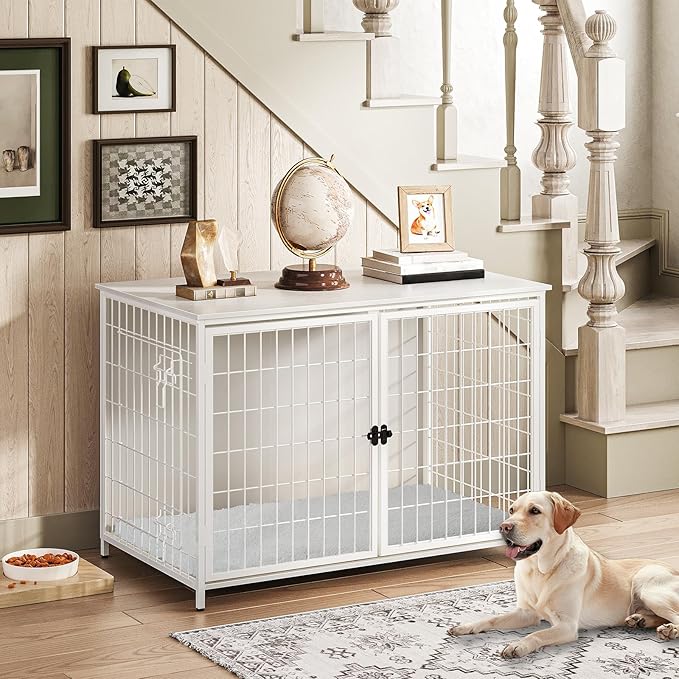 Dog Crate Furniture with Cushion, Wooden Dog Kennel with Double Doors, Heavy Duty Dog Cage for Small/Medium/Large Dogs, Indoor Dog House End Table, 39.4" L, White DCBW10701