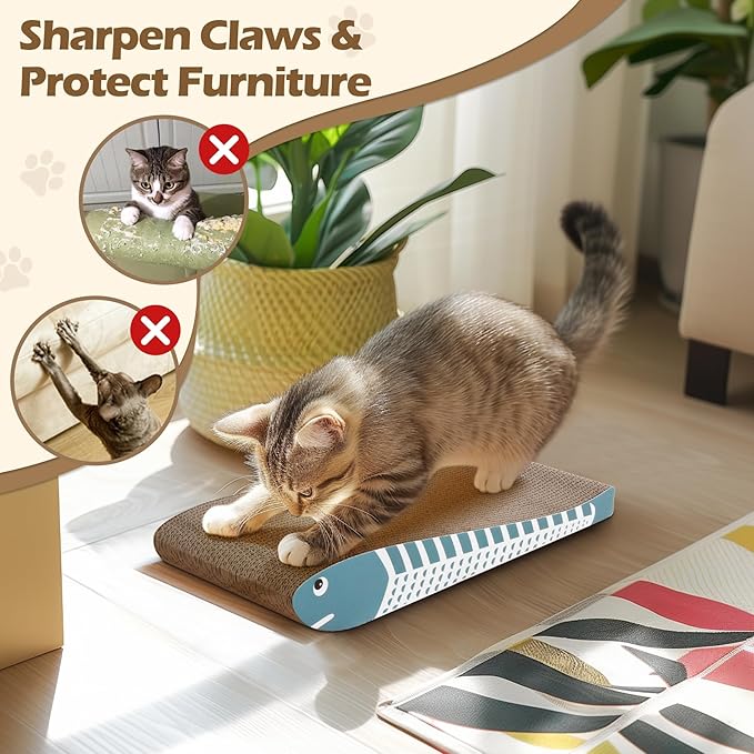 ComSaf Cat Scratching Board 2 Pack, Cat Scratcher Cardboard, Curved Cat Scratcher, Cute Cat Scratch Pad for Kitty, Recycle Cardboard Cat Scratcher, Double-Sided Pad for Long Lasting Use (Blue)