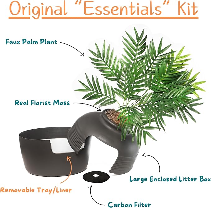 Good Pet Stuff, Original Hidden Litter Box & Reusable Liner Essentials Kit, Round Enclosed Cat Planter Litter Box with Artificial Plants, Vented Carbon Odor Filter System, Easy to Clean, White Birch