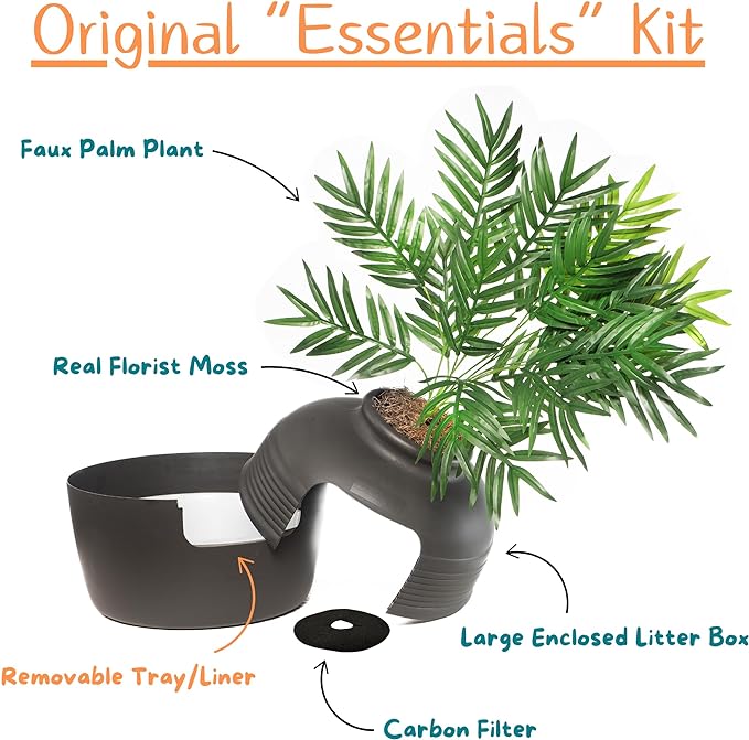 Good Pet Stuff, Original Hidden Litter Box & Reusable Liner Essentials Kit, Round Enclosed Cat Planter Litter Box with Artificial Plants, Vented Carbon Odor Filter System, Easy to Clean, Stone Gray