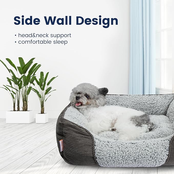 Miguel Washable Dog Bed with Removable Cushion for Medium Small Dogs, Easy to Wash Pet Sofa Bed with Side, Rectangle Bolster Cat Bed Calming Cuddle Puppy Bed with Anti-Slip Bottom, Gray 25 Inch