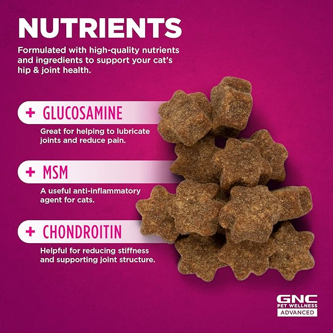 GNC Pets ADVANCED Hip & Joint Cats Supplements, 60 ct | Cat Soft Chews for Hip & Joint Support, Cat Supplements, Cat Joint Health | Glucosamine, MSM, & Chondroitin Cat Chews | Made in the USA