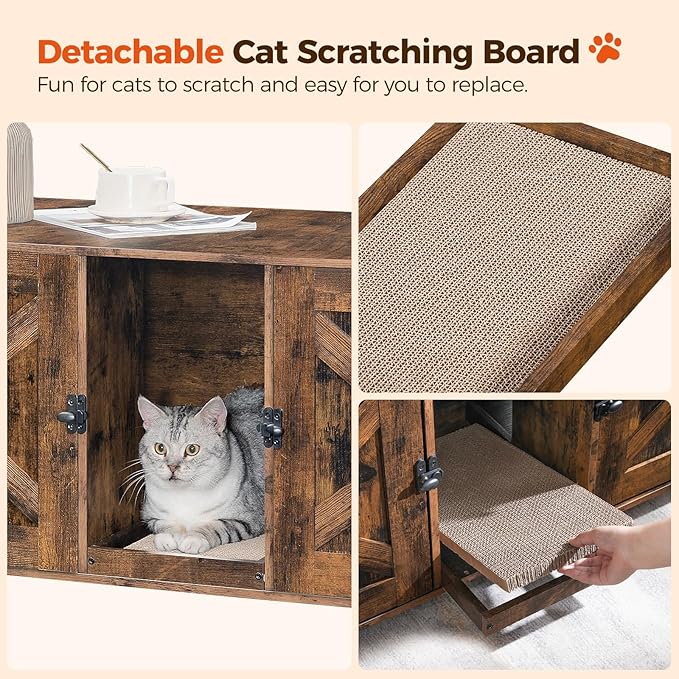 Cat Litter Box Enclosure for 2 Cats, 47.2" Hidden Cat Litter Box Furniture with Double Room, Wooden Cat Washroom with Scratching Board, Indoor Cat House End Table, Rustic Brown CWHR1201