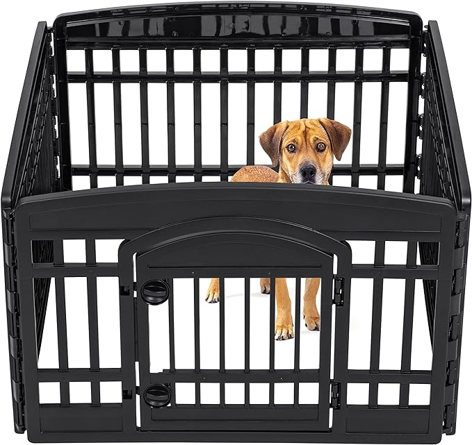 IRIS USA Dog Playpen, 4-Panel 24" Pet Playpen with Door, Puppy Playpen, Indoor/Outdoor Dog Pen, 35 x 35 x 24, Foldable, Customizable, Black