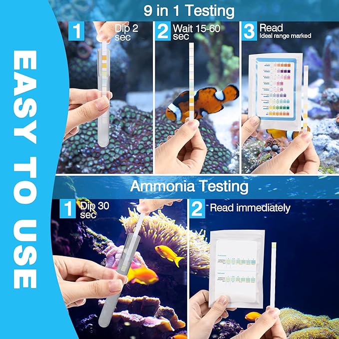 10 in 1 Ammonia Test Kit for Aquarium, 150ct Aquarium Ammonia Test Strips Freshwater Saltwater, Fish Tank Aquarium Test Strips Kit - Testing Ammonia and 9 More !