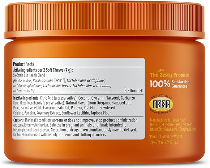 Zesty Paws Probiotics for Dogs - Digestive Enzymes for Gut Flora, Digestive Health, Diarrhea & Bowel Support - Clinically Studied DE111 - Dog Supplement Soft Chew for Pet Immune System - 50 Count