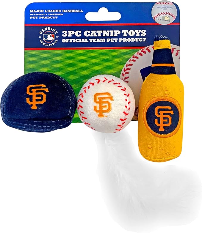 BEST PLUSH CAT TOY - MLB SAN FRANCISCO GIANTS Complete Set of 3 piece Cat Toys filled with Fresh Catnip. Includes: 1 Baseball Cap Cat Toy, 1 Baseball Cat Toy with Feathers & 1 Beer Bottle. Team LOGO