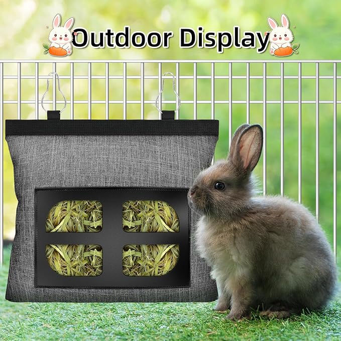 Bunny Hay Feeder,Rabbit Hay Feeder Bag, Bunny Hay Bag for Rabbits,Rabbit Hay Feeder Fabric Bag,Hay Feeder Storage Bag,4 Holes Fabric Hanging Hay Feeder Bag for Small Animal,Hay Guinea Pig(Gray)