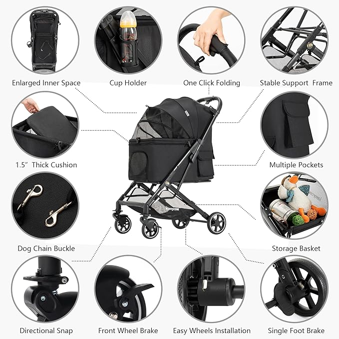 Kenyone Pet Stroller for Small to Medium Dogs Durable Cat Stroller with Lightweight Aluminum Frame, One-Click Folding, No Zip Entry, PU Wheels, Multiple Pockets(Black)