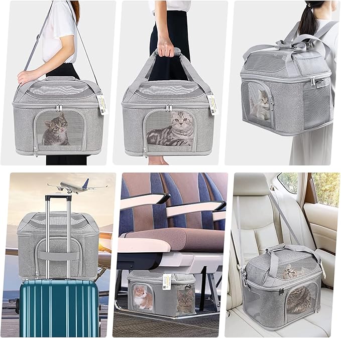 Large Cat Carrier for 2 Cats, Soft Side Pet Carrier for Cats Small Dog, Collapsible Travel Dog Carrier Bag, OEKO-TEX Certified TSA Airline Approved Cat Carrier Backpack for Cats 20 lbs (Gray)