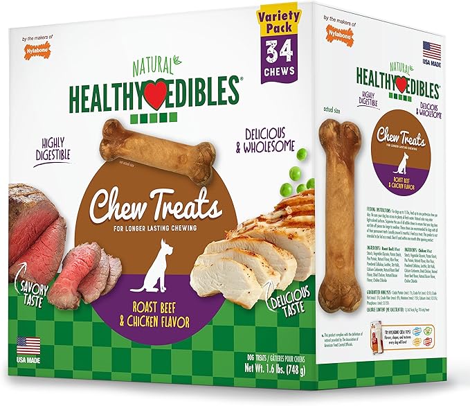 Nylabone Healthy Edibles Natural Dog Chews Long Lasting Chew Treats for Dogs, Roast Beef & Chicken Flavor, X-Small/Petite (34 Count)