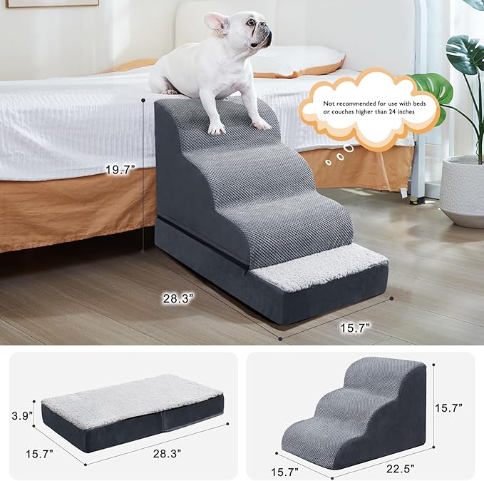 Ryoizen Dog Stairs with dog beds for Small Dogs, Pet Stairs with Waterproof Washable Orthopedic Dog Bed for Crate, 4 Step 2 in 1 Detachable Non-Slip Dog Ramp for Bed Couch up to 20'' Suits Puppy Cat