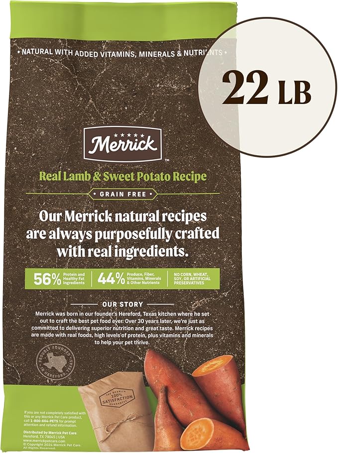 Merrick Premium Grain Free Dry Adult Dog Food, Wholesome And Natural Kibble With Real Lamb And Sweet Potato - 22.0 lb. Bag