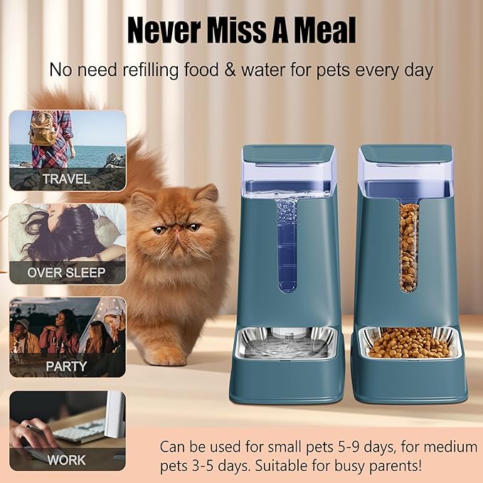 Automatic Cat Feeder and Cat Water Dispenser Set with Stainless Steel Bowls Gravity Dog Feeder for Small Medium Big Dog Pets Puppy Kitten, 1 Gallon x 2 (Cyan)