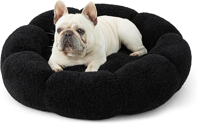 Lesure Calming Medium Dog Bed - Flower Donut Round Fluffy Puppy Bed in Plush Teddy Sherpa, Non-Slip Cute Flower Cat Beds for Indoor Cats, Medium Pet Bed Fits up to 45 lbs, Machine Washable, Black 30"
