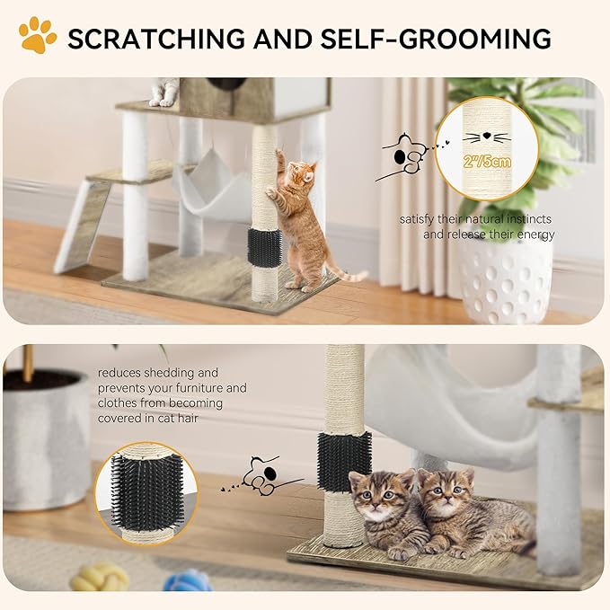 YITAHOME Modern Cat Tree for Indoor Cats with Self-Grooming Brush, 69" Tall Wooden Cat Tower with Condo, Hammock, Scratching Post, Board, Removable Pads for Kittens Big Cats，Greige