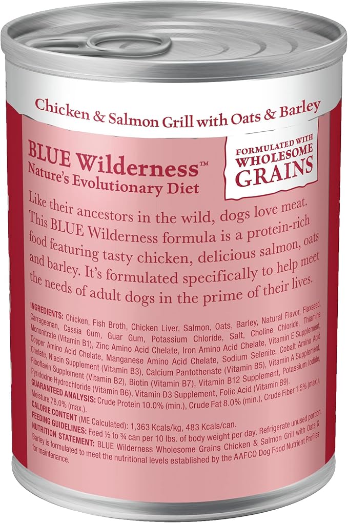 Blue Buffalo Wilderness High Protein Natural Adult Wet Dog Food Plus Wholesome Grains, Chicken & Salmon Grill 12.5-oz Cans (Pack of 12)