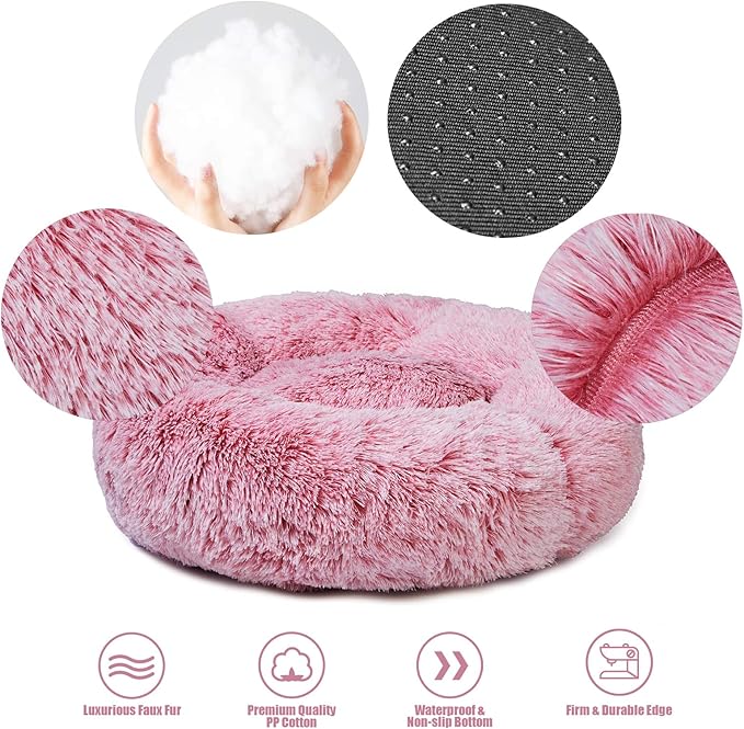 Aurako Cat Bed Dog Bed Round Cushion Pet Bed Mat Ultra Soft Plush Donut Sofa Comfortable Pillow Machine Washable Pet Cuddle Beds for Kitten Small Medium Large Dogs Cats 28" Pink