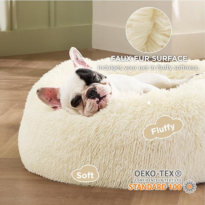 Bedsure Calming Dog Bed for Small Dogs - Donut Washable Small Pet Bed, Round Anti-Slip Fluffy Plush Faux Fur Large Cat Bed, Fits up to 25 lbs Pets, Oat Milk, 23 inches