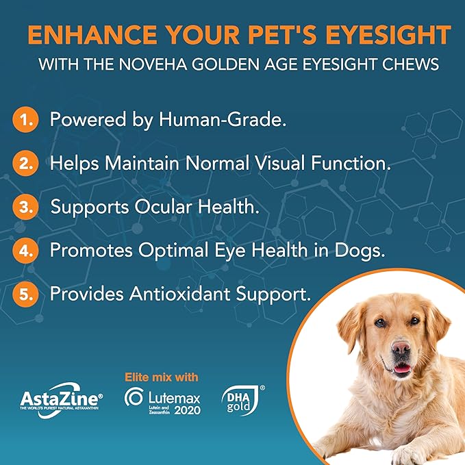 NOVEHA Eye Supplement for Dogs - Vision Support with Lutein + Vitamin C & Astaxanthin Antioxidants - Dog Vitamins for Eyes + Fish Oil for Omega 3 EPA - Made in USA - 90 Soft Chews (3 PACK)