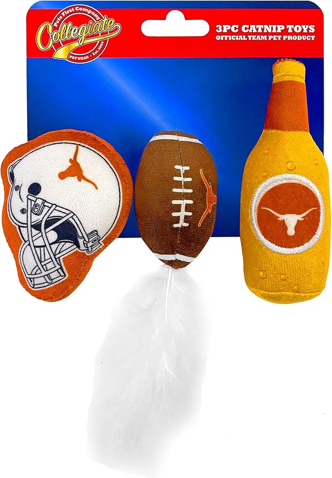 BEST PLUSH CAT TOY - NCAA TEXAS LONGHORNS Complete Set of 3 piece Cat Toys filled with Fresh Catnip. Includes: 1 Helmet Cat Toy, 1 Football Cat Toy with Feathers & 1 Beer Bottle. Beautiful Team LOGOS