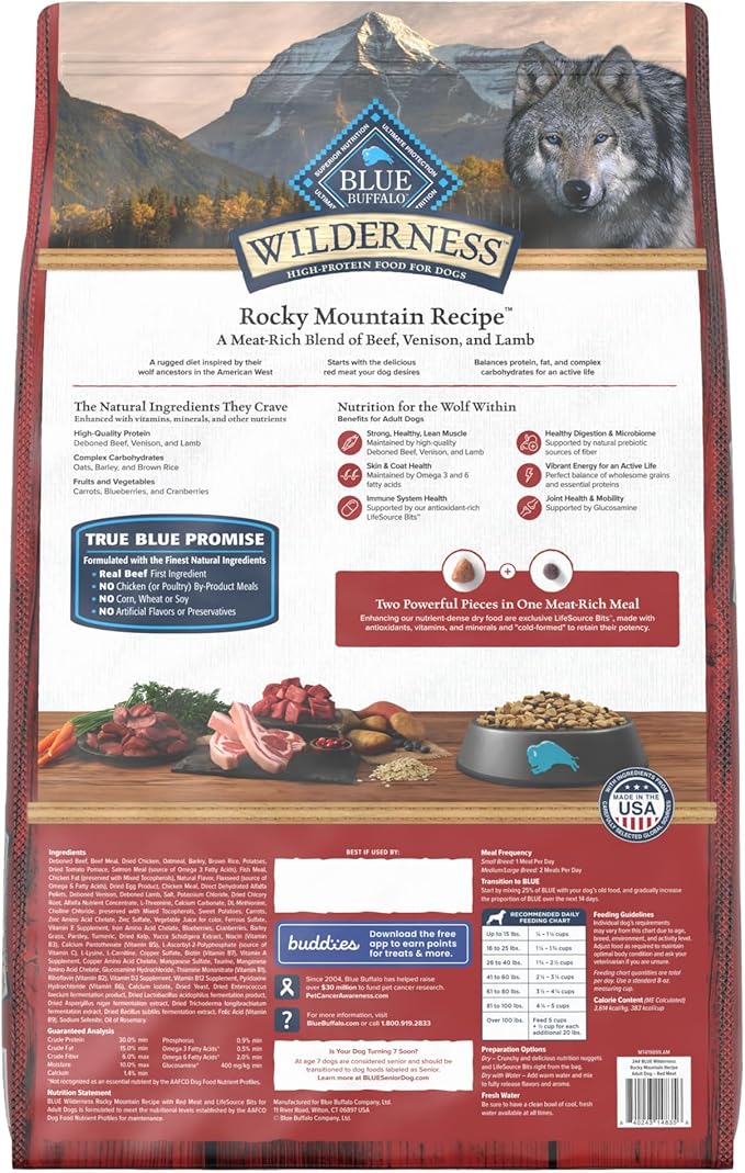 Blue Buffalo Wilderness Rocky Mountain Recipe High-Protein Adult Dry Dog Food, Made in the USA with Natural Ingredients Plus Wholesome Grains, Red Meat, 24-lb. Bag