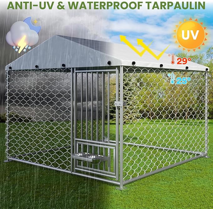 6.7' x 6.7' x 5' Outdoor Dog Kennel with Roof, Outside Dog Kennel with UV-Resistant & Waterproof Cover, Dog Kennel Outside with Rotating Feeding Bowls, Covered Outdoor Kennel for Dogs