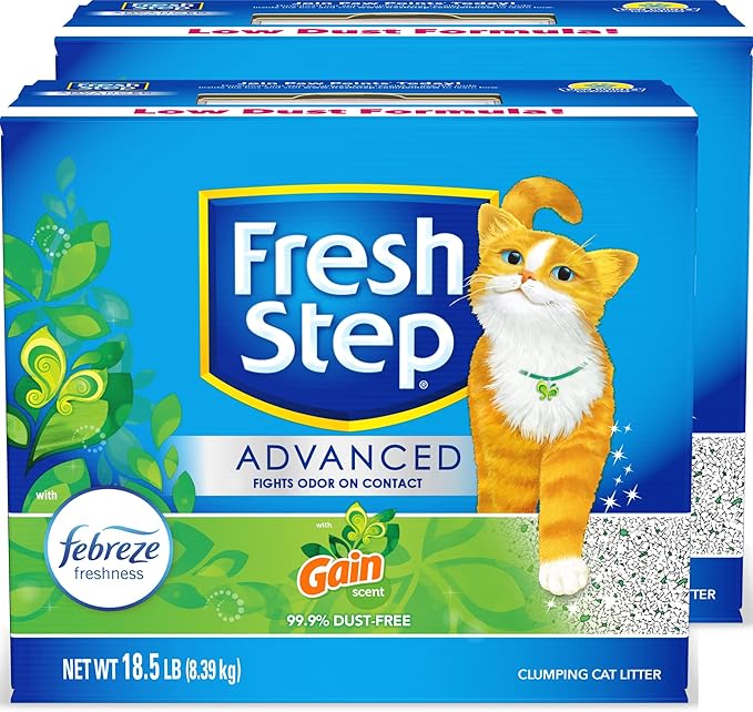 Fresh Step Advanced Clumping Cat Litter with Gain, 37 lbs Total, Extra Large (2 Pack of 18.5lb Boxes) + Glad ForceFlex Protection Series Tall Trash Bags with Febreze, 13 Gal, 110 ct