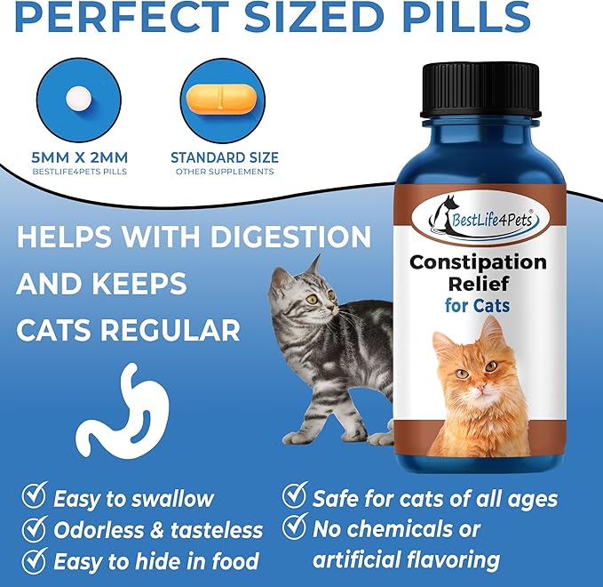 BestLife4Pets - Cats Constipation Relief and Stool Softeners - Natural Health Supplements to Help Digestion, Gas Relief and Constipation - Allergy Laxatives for Cats- Pills