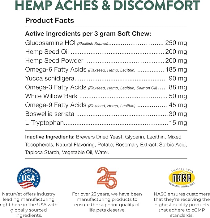 NaturVet Hemp Aches & Discomfort Plus Hemp Seed for Dogs, 60 ct Soft Chews, Made in The USA