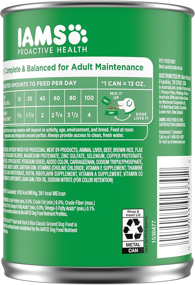 IAMS PROACTIVE HEALTH Adult Wet Dog Food Classic Ground with Beef and Whole Grain Rice, 12-Pack of 13 oz. Cans