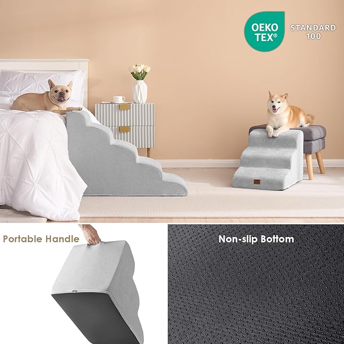 EHEYCIGA Curved Dog Stairs for High Beds 22.6" H, 5-Step Dog Steps for Small Dogs and Cats, Pet Stairs for High Bed Climbing, Non-Slip Balanced Pet Step Indoor, Light Grey