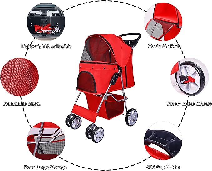 Pet Stroller, 4 Wheels Multifunction Dog Cat Stroller, Folding Portable Travel Stroller with Detachable Carrier, Suitable for Medium Small Dogs Cats, Red