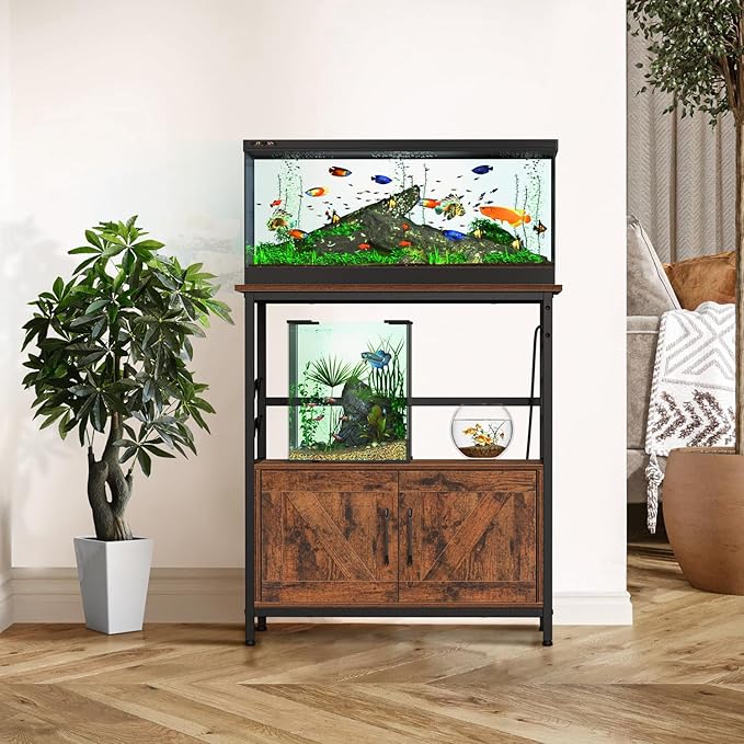 Snughome Aquarium Stand, Fish Tank Stand with Cabinet for Fish Tank Accessories Storage, Metal Fish Tank Stand 29.92" x 16.53" x 32.87", Rustic Brown