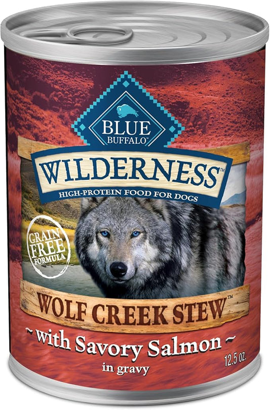 Blue Buffalo Wilderness Wolf Creek Stew High Protein, Natural Wet Food for Dogs, Hearty Salmon Stew in Gravy, 12.5-oz cans, 12 Count