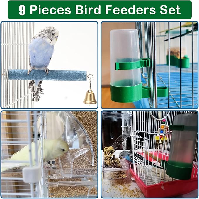 Automatic Bird Feeder Pack of 9 No Mess Parrot Water Dispenser Acrylic Adjustable Parakeet Seed Food Container Cage Accessories Drinker for Lovebirds Finches Budgies Canaries