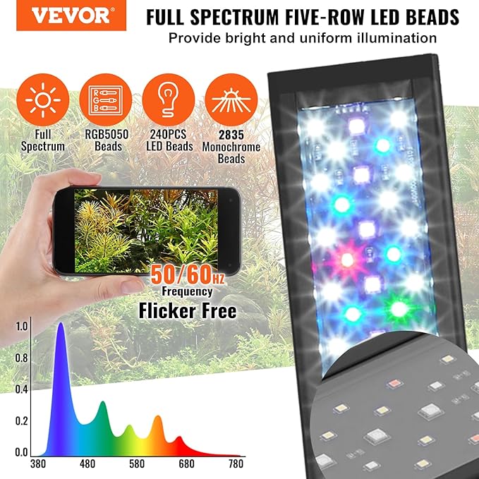 VEVOR Aquarium Light, 48W Full Spectrum Fish Tank Light with 24/7 Natural Mode, Adjustable Timer & 5-Level Brightness, with Aluminum Alloy Shell Extendable Brackets for 48"-54" Freshwater Planted Tank