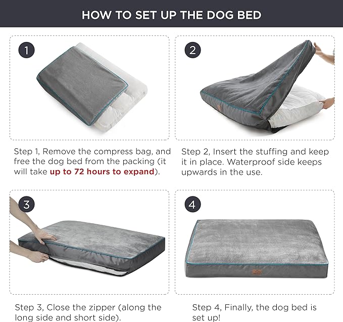 Bedsure Waterproof Dog Beds for Extra Large Dogs - 4 inch Thick Up to 100lbs XL Dog Bed with Removable Washable Cover, Pet Bed Mat Pillows, Grey