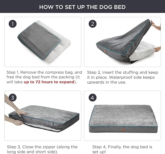 Bedsure Waterproof Dog Beds for Large Dogs - 4 inch Thicken Up to 80lbs L-Crate Dog Bed with Removable Washable Cover, Pet Bed Mat Pillows, Grey