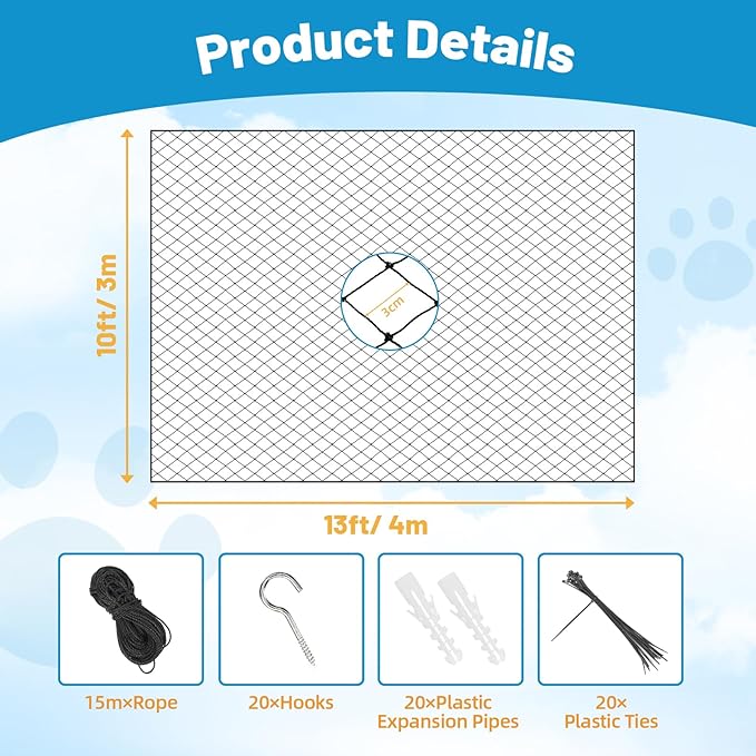 Cat Netting Balcony, 10x13ft Steel Wire Reinforced Balcony Screen for Pets, Anti-fall Pet Mesh Fence Cat Safety Net for Balcony, Window, Stair, Patio