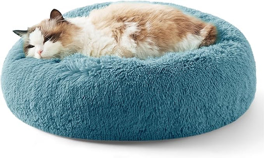 Bedsure Calming Cat Beds for Indoor Cats - Small Cat Bed Washable 20 inches, Anti-Slip Round Fluffy Plush Faux Fur Pet Bed, Fits up to 15 lbs Pets, Washed Blue