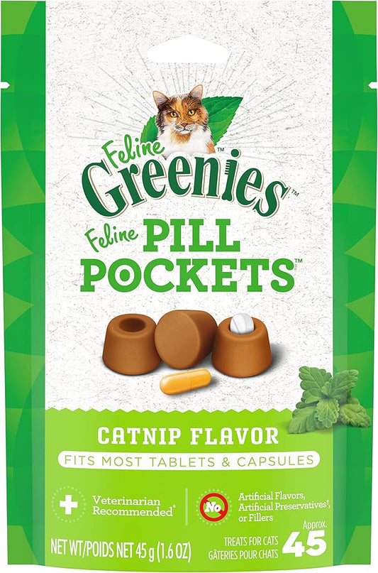 Greenies Feline Pill Pockets for Cats Natural Soft Cat Treats, Catnip Flavor, 1.6 oz. Pack (45 Treats)