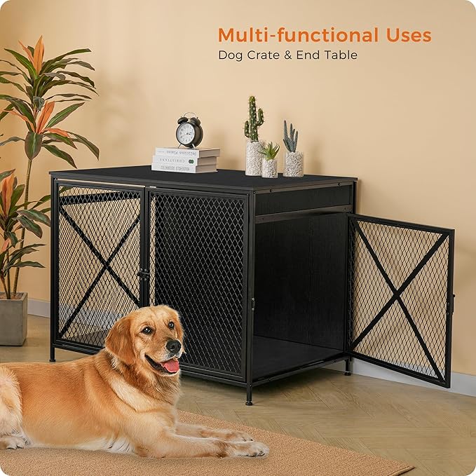 DWANTON Dog Crate Furniture, 42.5" L Three-Door Wooden Dog Kennel Indoor, Connectable expansion, Wooden Dog Crate Table for Small/Medium/Large Dog, Dog House, Dog Cage Large, Black