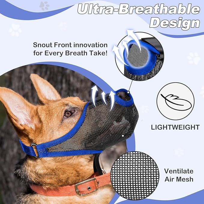 Dog Muzzle, Soft Air Mesh Muzzle for Small Medium Large Dogs Anti Biting Barking Chewing Scavenging, Breathable Adjustable Loop Pets Muzzle with Front Opening Design Allows Panting Drinking (Blue, S)