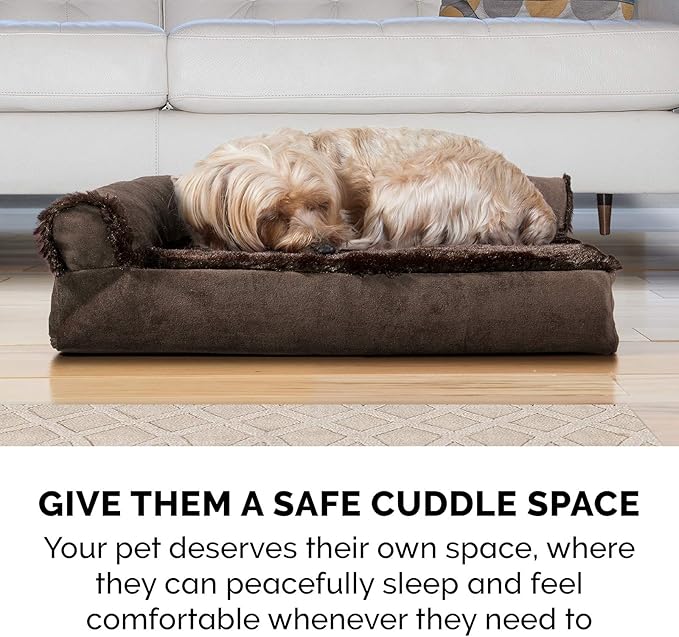 Furhaven Cooling Gel Dog Bed for Large Dogs w/ Removable Bolsters & Washable Cover, For Dogs Up to 95 lbs - Plush & Velvet L Shaped Chaise - Sable Brown, Jumbo/XL